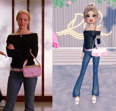 two pictures of barbie dolls one is holding a purse and the other has a handbag