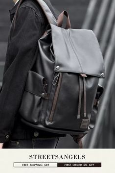 Men's Leather Fashion Travel Leisure Trend Computer Bags Casual Black Leather Backpack For Outdoor, Casual Black Leather Backpack For Outdoor Activities, Black Leather Backpack For Outdoor Activities, Casual Outdoor Laptop Bag, Black Waterproof Laptop Bag For Outdoor Activities, Waterproof Black Laptop Bag For Outdoor Activities, Casual Black Laptop Bag For Outdoor, Outdoor Black Laptop Backpack, Black Laptop Backpack For Outdoor