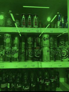 a shelf filled with lots of different types of beer bottles and cans in neon green light