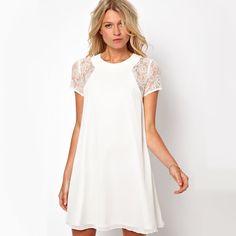 A-Line Lace Chiffon Sleeve Patchwork Dress Chiffon Dress Short, Chiffon Lace Dress, Sukienki Plus Size, White Lace Shorts, Chiffon Mini Dress, White Dress Summer, Polyester Dress, Loose Dress, One Piece Dress