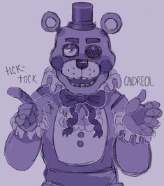 a drawing of a purple teddy bear wearing a top hat and holding two fingers up