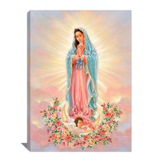 an image of the virgin mary and child jesus on a cloud background with pink flowers