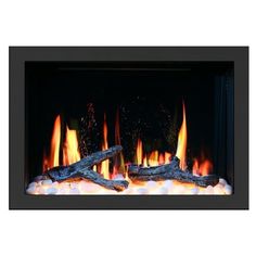 an electric fireplace with flames and rocks on the bottom, as well as logs in the middle