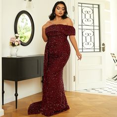 This Dress is fashionable for every occasion. the dress is made-to-order by professional tailors. You can choose from 50 colors, Regular sizes 2 to 16 and plus sizes 14w to 26W. Custom size is also available.. The product details: Color: Burgundy, Length: Long, Neckline: Tip of the Shoulder, Primary Fabric: Sequin, Silhouette: Sheath Brown Dress Plus Size, Off Shoulder Evening Dress, Prom Dress Plus Size, Sequin Evening Dresses, Prom Dresses For Sale, Evening Dresses Plus Size, Bridesmaid Dresses Plus Size, Off Shoulder Fashion, Maxi Dress Prom