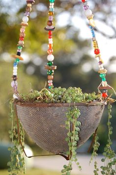 a hanging planter filled with lots of green plants and beads on it's sides