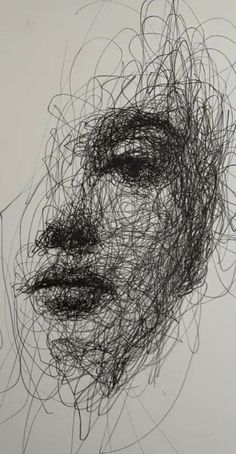 a drawing of a person's face with many lines coming out of the head