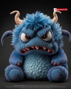 a blue stuffed animal with large horns and big eyes sitting on a black background in front of the camera