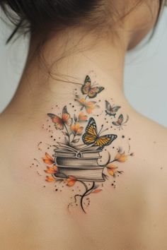 Moon And Book Tattoo, Tree And Book Tattoo, Books Tatoos Ideas, Butterfly And Book Tattoo, Tattoo Ideas For Readers, Book Reader Tattoo Ideas, Book And Flower Tattoo, Reading Tattoo Ideas, Fantasy Book Tattoo Ideas