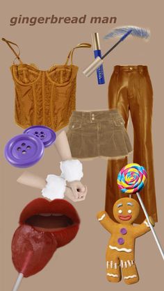 an image of gingerbread man collage with clothing and accessories on it's side