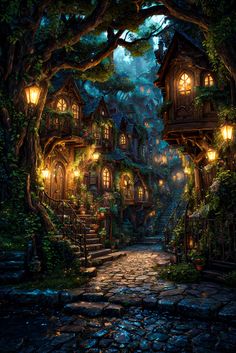 an image of a fantasy village at night with lights on the trees and stairs leading up to