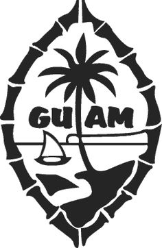 a black and white logo with the word guam in it's center surrounded by palm trees