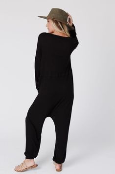 The Perfect Long Sleeve Harem Jumpsuit - Black | Three Bird Nest Relaxed Fit Long Sleeve Jumpsuits And Rompers For Lounging, Bohemian Relaxed Fit Jumpsuits And Rompers For Loungewear, Relaxed Fit Long Sleeve Jumpsuit For Lounging, Relaxed Fit Long Sleeve Jumpsuits For Loungewear, Comfortable Fall Loungewear Jumpsuits And Rompers, Black Relaxed Fit Jumpsuits And Rompers For Loungewear, Long Sleeve Jumpsuits And Rompers With Thumbholes For Loungewear, Fall Season Relaxed Fit Jumpsuits And Rompers For Lounging, Oversized Solid Color Jumpsuits And Rompers For Loungewear