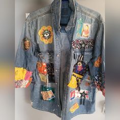 Jean Jacket With Partch Denim Recycle, Custom Jean, Custom Jean Jacket, Custom Jeans, Oversized Jacket, Jean Jackets, Upcycle Clothes, Jean Jacket, Sewing Projects