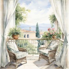 a painting of two chairs on a balcony