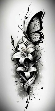 a black and white drawing of a butterfly with flowers on it's back side