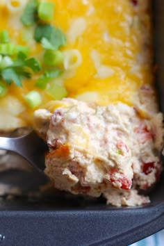 a close up of a spoon in a casserole dish with meat and vegetables