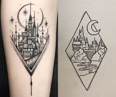 a tattoo with a castle and moon on it