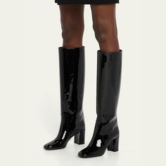 Saint Laurent "Who" shiny patent calf leather knee boots 2.75 in / 70 mm block heel Round toe Pull-on style Made in Italy Leather Knee Boots, Bergdorf Goodman, Knee Boots, Calf Leather, Block Heels, Saint Laurent, Tops Designs, In Italy, Italy