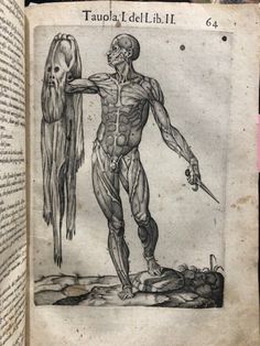 an old book with a drawing of a man holding a knife and standing next to another person