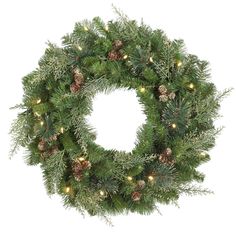 a christmas wreath with pine cones and lights