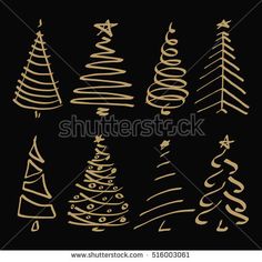 hand drawn christmas trees on black background