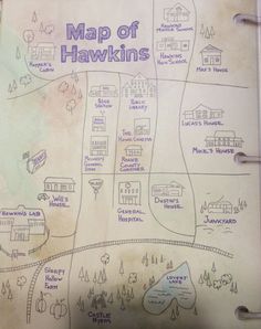 a hand drawn map of the city of hawkins