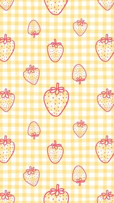 strawberries on a yellow and white checkered tablecloth with pink bows, seamlessly