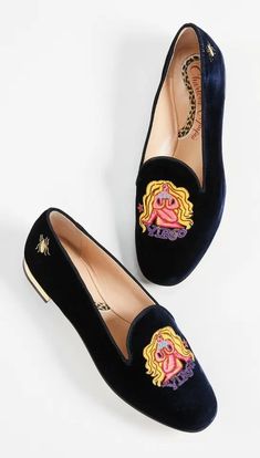 Charlotte Olympia Shoes, Velvet Flats, Velvet Loafers, Embroidered Velvet, Charlotte Olympia, Olympia, Flat Shoes Women, Mule Shoe, Shoes Flats