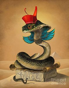 a snake with a red hat on its head sitting on top of a stone block