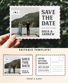 a couple holding hands while standing next to each other in front of an envelope with the words save the date printed on it