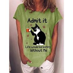 Category:T-shirt; Season:Spring, Fall, Winter, Summer; Fabric:Polyester,Cotton Blend; Sleeve Length:Short Sleeve; Look After Me:Machine wash,Washable,Wet and Dry Cleaning; Gender:Women's; Theme:Cat,Painting; Style:Basic,Funny; Elasticity:Micro-elastic; Tops Type:T Shirt; Occasion:Daily,Weekend; Top Length:Regular Tops; Fit Type:Regular Fit; Pattern:Text,Cat; Design:Print; Neckline:Round Neck; Listing Date:03/13/2023; Bust:; Length:null; Sleeve:null; Fit US Size:null; Fit UK Size:null; Fit EU Siz Cats Drinking Coffee, Cat Text, Blue Color Combinations, Better Mom, Loungewear Fashion, Shirt Bodysuit, Mom Cat, Cat Drinking, Samoa