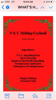 the holiday cocktail menu is displayed on an iphone screen, and it appears to be filled with information