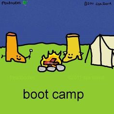 a campfire and two boots sitting in front of a tent with the words boot camp on it