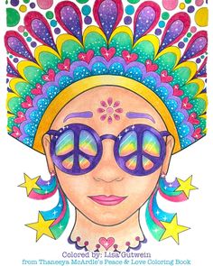 a drawing of a woman with peace signs on her head and stars in the background