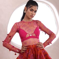 Tie Up Blouse With Printed Bodysuit And Matching LehengaFrom Mahima Mahajan's Fida collection. DELIVERY TIMEPlease allow 6-8 weeks for your outfit to arrive. FABRIC DETAILSOrganza, Moss Crepe, Soft Net Professional cleaning only.