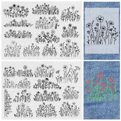 four different images of flowers and plants on denim fabric, each with embroidered stitches in the middle