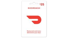 the doordash logo is shown on a white card that says, restaurant and more, delivered to your door