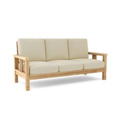 an image of a wooden couch with cushions on it's back end and armrests