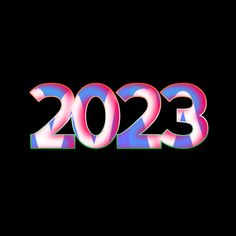 the number twenty three in pink and blue on a black background with an inscription that reads 205