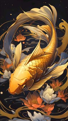 a painting of a gold fish in water with flowers around it's sides and the bottom part of its body