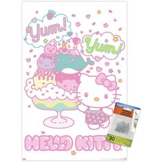 a hello kitty birthday card with the words yum and cupcakes on it