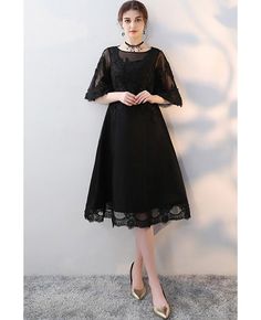 Shop Black Knee Length Homecoming Party Dress with Sheer Sleeves online. All instock with free shipping. Pro since 2009. Summer Lace Evening Dress For Formal Events, Summer Lace Evening Dress For Formal Occasions, Summer Formal Lace Evening Dress, Fitted Black Lace Dress For Banquet, Black Midi Dress For Wedding And Prom Season, Black Lace Dress For Banquet, Elegant Black Lace Dress For Banquet, Black Holiday Wedding Dress, Black Knee-length Lace Wedding Dress