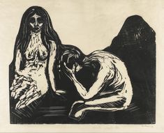 a drawing of two women sitting next to each other on a black and white background