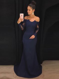 Navy Blue Off the Shoulder Mermaid Prom Dress, Long Sleeves Satin Prom Dresses, Wedding Party Gowns, Evening Party Gowns, Wedding Guest Dress, 428 sold by Loveprom on Storenvy Navy Satin Prom Dress, Prom Dresses With Long Sleeves, Dresses With Long Sleeves, Dress Applique, Formal Prom Dresses Long, Navy Blue Prom Dresses, Long Sleeve Prom, Evening Party Gowns, Lace Bridesmaid Dresses