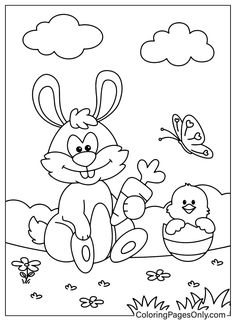 a coloring page with an image of a bunny and her duckling in the grass