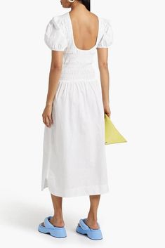 Model is 177cm/ 5'10' and is wearing a DE 34.Dress.Cotton-poplin.Shirred.Puff sleeves.Side slits.Slips on.Non-stretchy fabric.Mid-weight fabric.Machine wash.Imported.Size & Fit:.Designed to be fitted at the bust and waist, loose at the hip.Fits true to size, take your normal size Dress Cotton, White Midi Dress, Clothing Dresses, Stretchy Fabric, Cotton Poplin, Puff Sleeves, Dress Skirt, Puff Sleeve, Women's Clothing