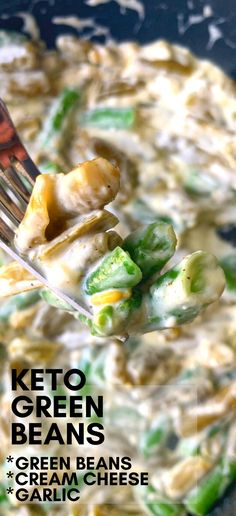 a close up of a spoon with some food in it and the words keto green beans