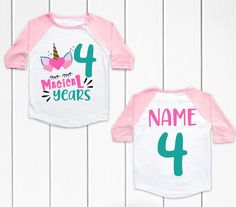 "Girls Birthday Shirt// Unicorn Birthday Shirt// Four Ever Magical Birthday Shirt //Fourth Girls Birthday Shirt // 4th Girls Party T-Shirt. HOW TO ORDER: *    Select size & sleeve length  *    For personalized designs - enter your customization in the \"Add your personalization\" box.  *    ADD TO CART and proceed to checkout *    Type additional order information in the \"Note to seller\" Box. CARE  *    Wash inside out w/cold water  *    Low heat tumble dry. PRODUCTION TIME: This item made to order and can take 1 to 2 business days before shipping. We do not carry pre-printed shirts. All shirts are printed to order, so we are unable to accept returns or exchanges. Make sure you check our size chart above in the picture carousel. Also, print colors may very slightly from the picture seen Cute Long Sleeve Birthday Shirt, Pink Unicorn Print T-shirt For Birthday, Pink Long Sleeve Top For Birthday, Long Sleeve Summer Shirt For Birthday, Birthday Unicorn Print Crew Neck T-shirt, Cotton Unicorn Print Top For Birthday, Fun Unicorn Print Top For Birthday, Fun Unicorn Print Tops For Birthday, Toddler Valentine Shirts