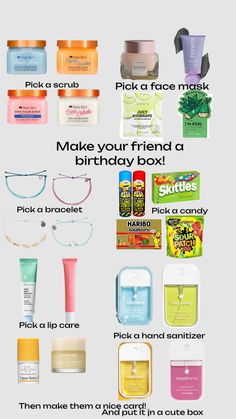 the contents of a birthday box are shown in this graphic style, with text below it