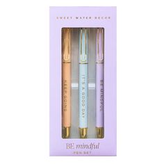 three pens in a box with the words be mindful written on each one side